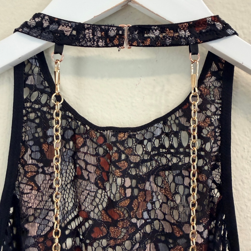 Savage X Fenty Womens Medium Black Lace Fishnet Catsuit Gold Chain Jumpsuit- M - Picture 12 of 16